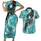Brisbane Heat Couples Matching Short Sleeve Bodycon Dress and Hawaiian Shirt Flaming Lightning Storm Geometric Sports Mascot Art