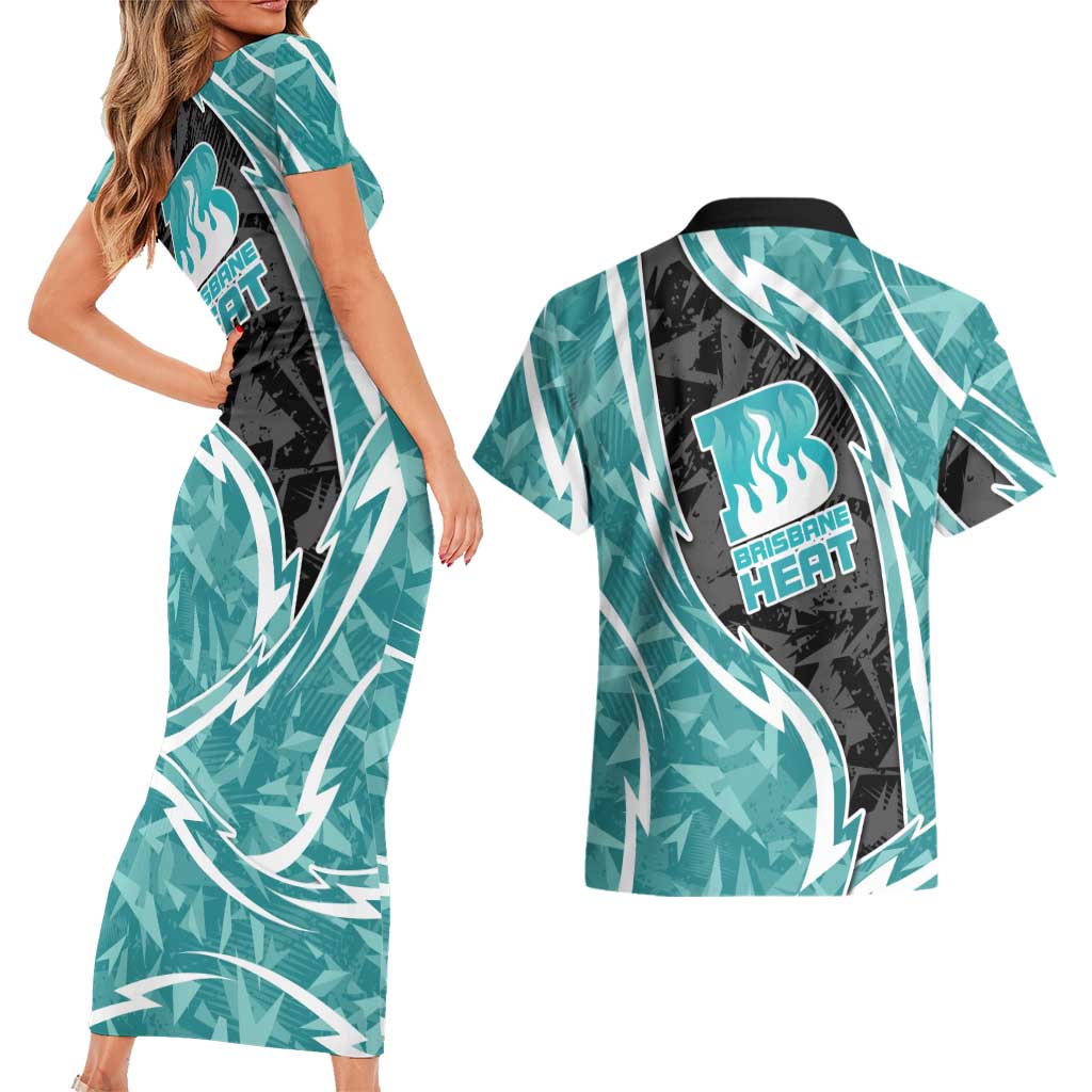 Brisbane Heat Couples Matching Short Sleeve Bodycon Dress and Hawaiian Shirt Flaming Lightning Storm Geometric Sports Mascot Art