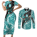 Brisbane Heat Couples Matching Short Sleeve Bodycon Dress and Long Sleeve Button Shirt Flaming Lightning Storm Geometric Sports Mascot Art