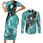 Brisbane Heat Couples Matching Short Sleeve Bodycon Dress and Long Sleeve Button Shirt Flaming Lightning Storm Geometric Sports Mascot Art