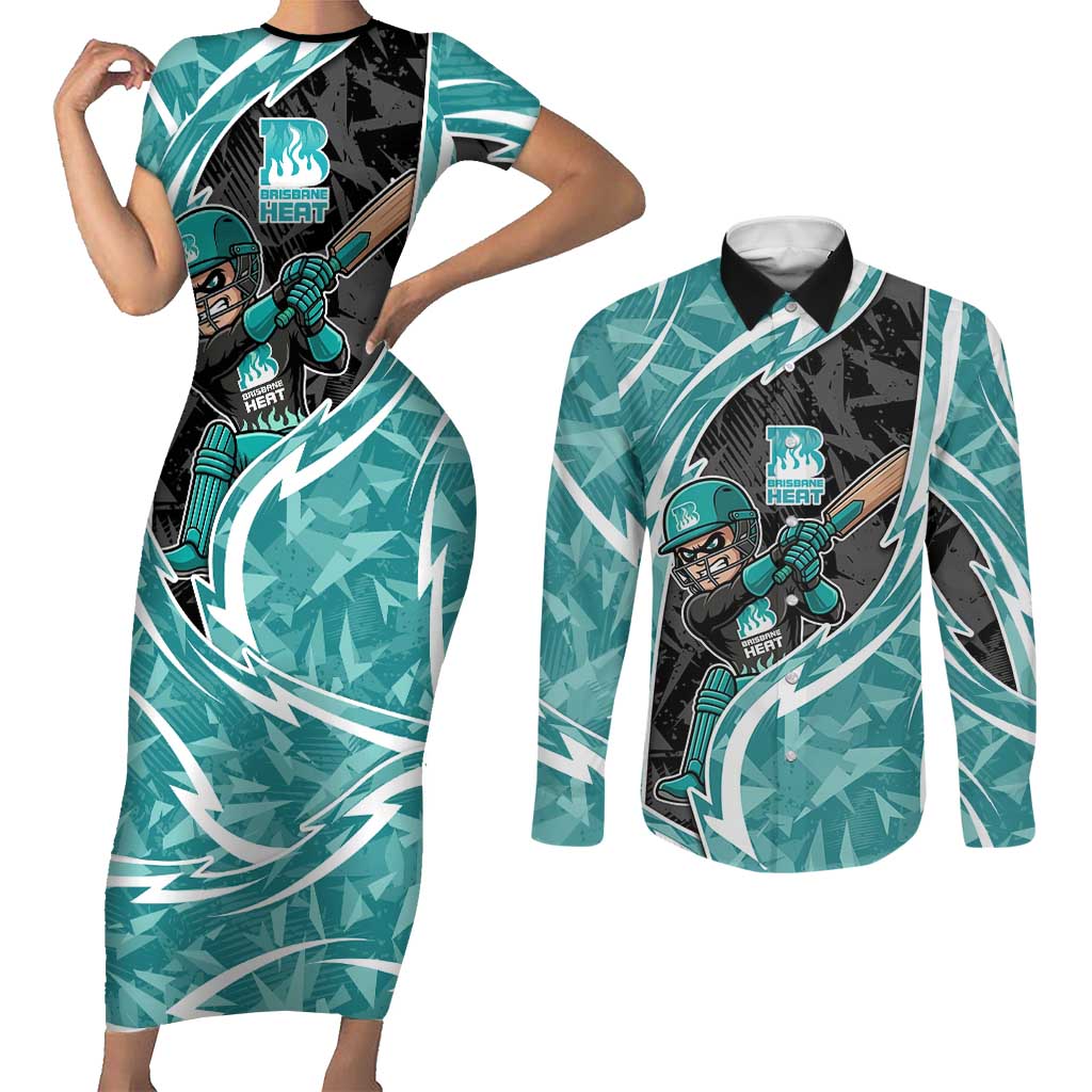 Brisbane Heat Couples Matching Short Sleeve Bodycon Dress and Long Sleeve Button Shirt Flaming Lightning Storm Geometric Sports Mascot Art