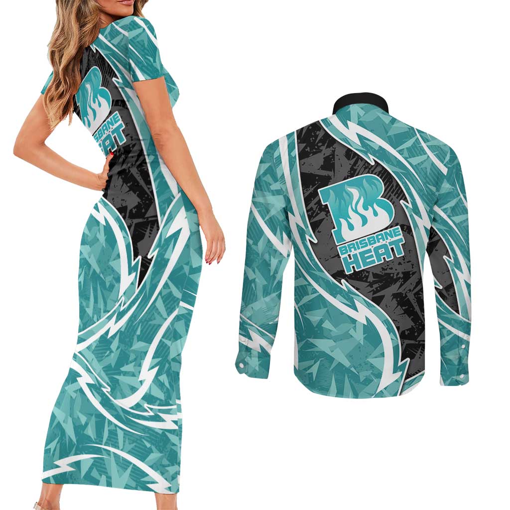 Brisbane Heat Couples Matching Short Sleeve Bodycon Dress and Long Sleeve Button Shirt Flaming Lightning Storm Geometric Sports Mascot Art