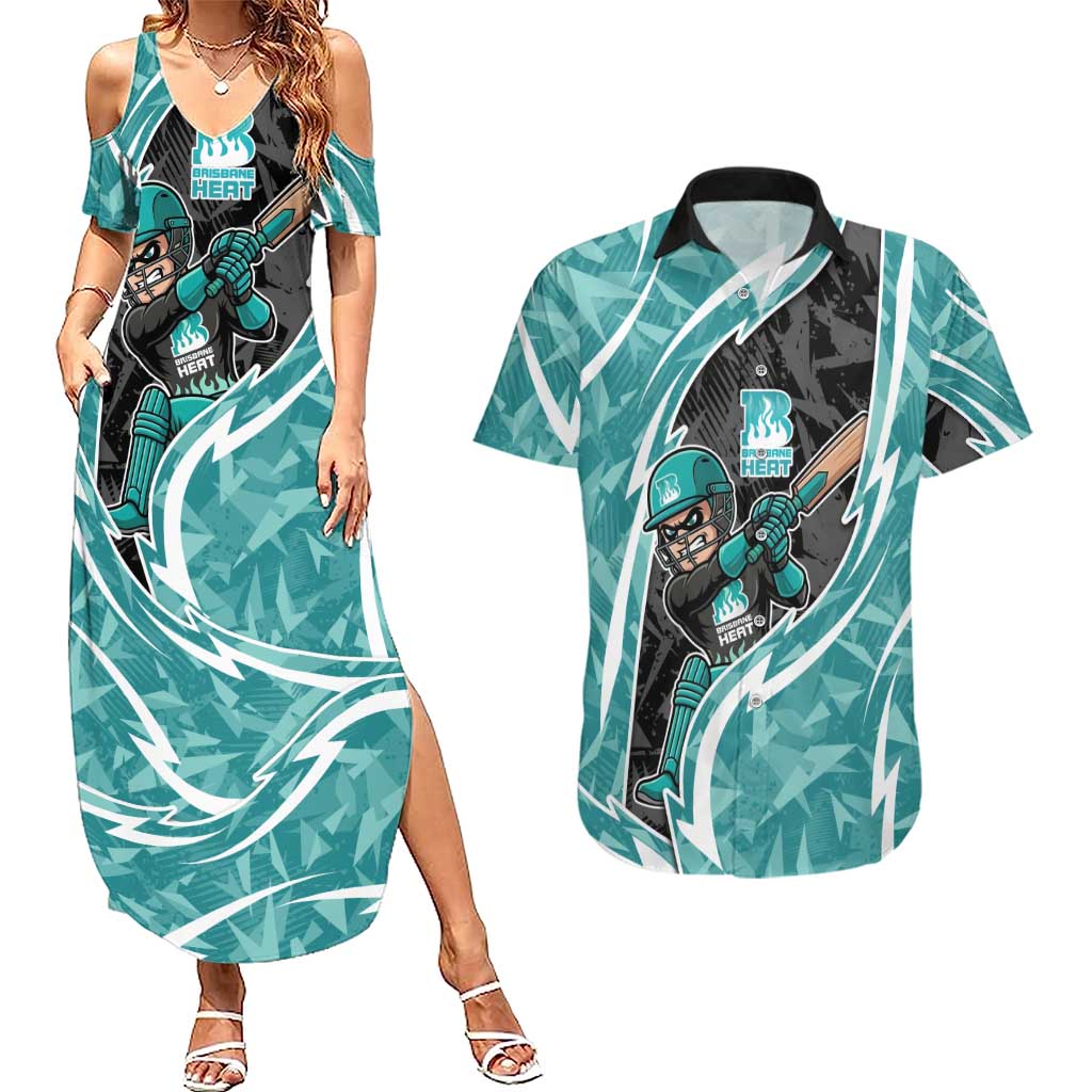 Brisbane Heat Couples Matching Summer Maxi Dress and Hawaiian Shirt Flaming Lightning Storm Geometric Sports Mascot Art