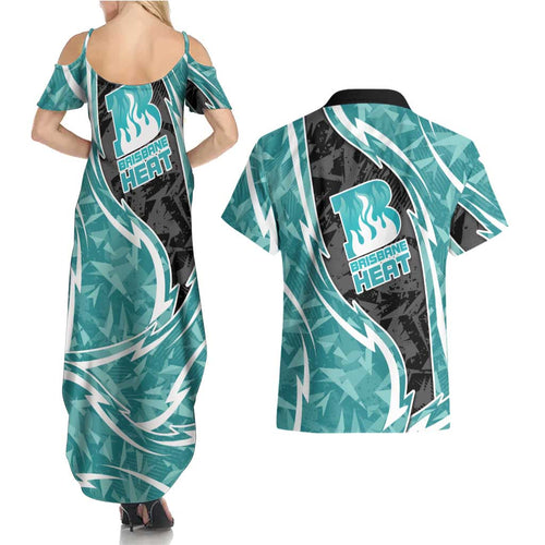 Brisbane Heat Couples Matching Summer Maxi Dress and Hawaiian Shirt Flaming Lightning Storm Geometric Sports Mascot Art