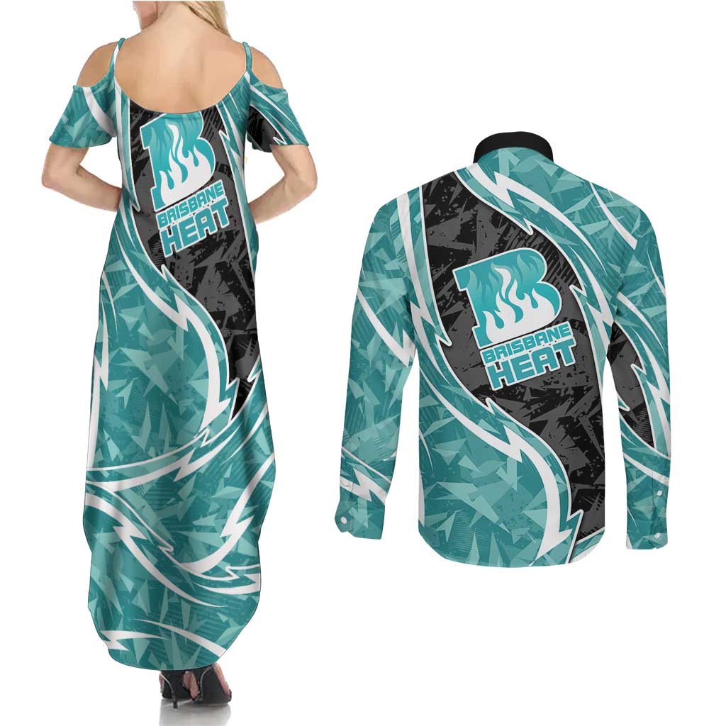 Brisbane Heat Couples Matching Summer Maxi Dress and Long Sleeve Button Shirt Flaming Lightning Storm Geometric Sports Mascot Art