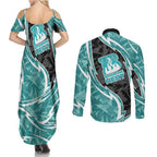 Brisbane Heat Couples Matching Summer Maxi Dress and Long Sleeve Button Shirt Flaming Lightning Storm Geometric Sports Mascot Art
