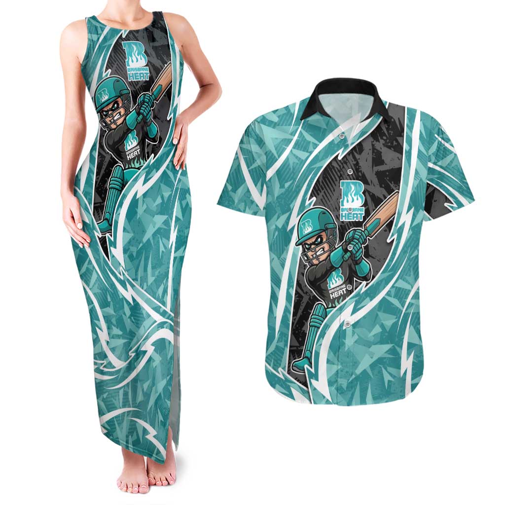 Brisbane Heat Couples Matching Tank Maxi Dress and Hawaiian Shirt Flaming Lightning Storm Geometric Sports Mascot Art