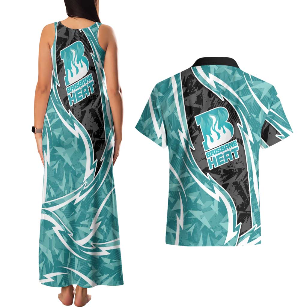 Brisbane Heat Couples Matching Tank Maxi Dress and Hawaiian Shirt Flaming Lightning Storm Geometric Sports Mascot Art