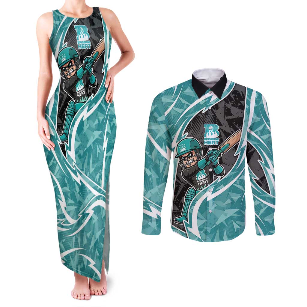 Brisbane Heat Couples Matching Tank Maxi Dress and Long Sleeve Button Shirt Flaming Lightning Storm Geometric Sports Mascot Art