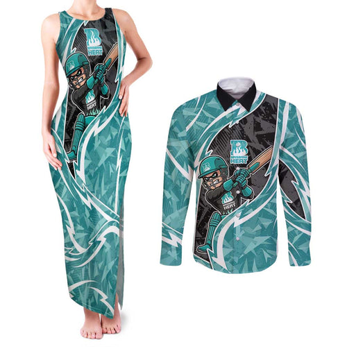 Brisbane Heat Couples Matching Tank Maxi Dress and Long Sleeve Button Shirt Flaming Lightning Storm Geometric Sports Mascot Art