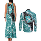 Brisbane Heat Couples Matching Tank Maxi Dress and Long Sleeve Button Shirt Flaming Lightning Storm Geometric Sports Mascot Art