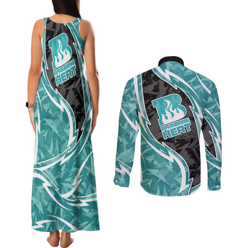 Brisbane Heat Couples Matching Tank Maxi Dress and Long Sleeve Button Shirt Flaming Lightning Storm Geometric Sports Mascot Art