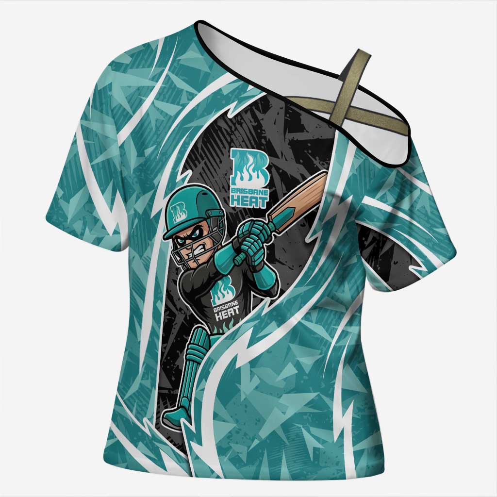 Brisbane Heat Cross Shoulder Shirt Flaming Lightning Storm Geometric Sports Mascot Art