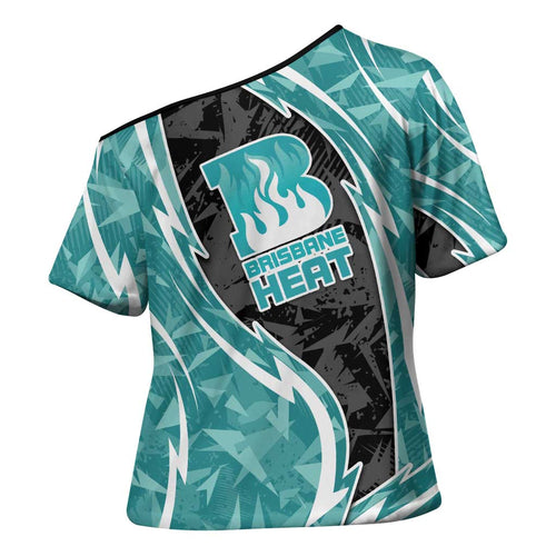 Brisbane Heat Cross Shoulder Shirt Flaming Lightning Storm Geometric Sports Mascot Art