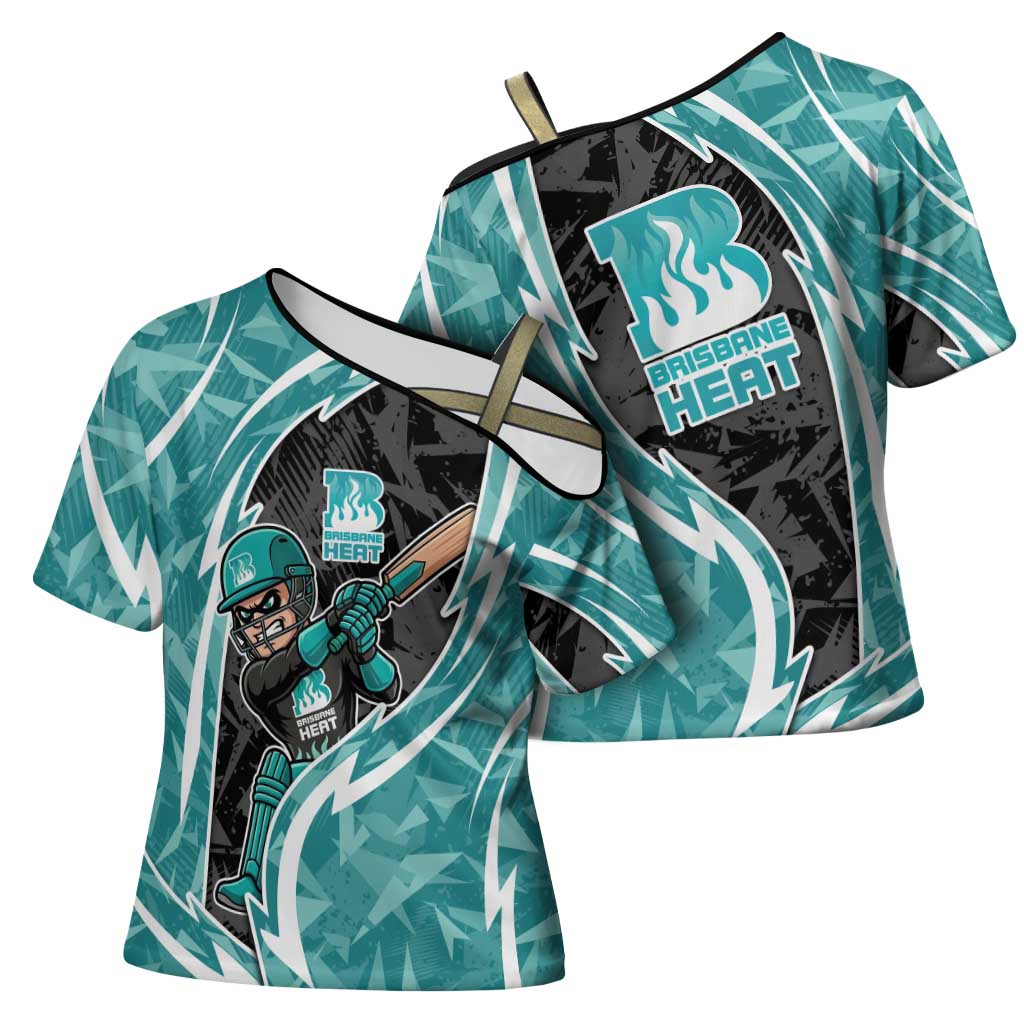 Brisbane Heat Cross Shoulder Shirt Flaming Lightning Storm Geometric Sports Mascot Art