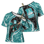 Brisbane Heat Cross Shoulder Shirt Flaming Lightning Storm Geometric Sports Mascot Art