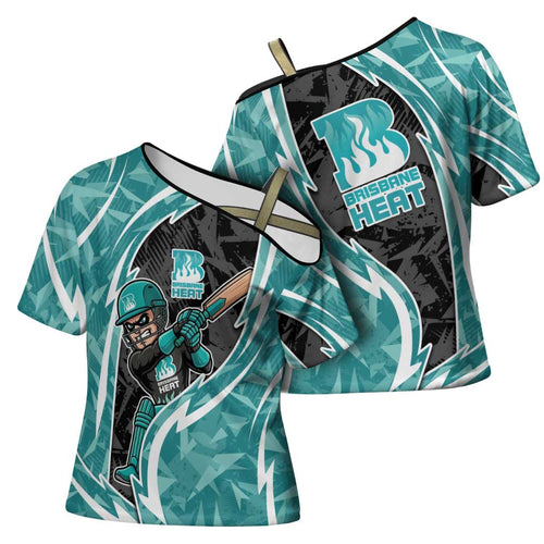 Brisbane Heat Cross Shoulder Shirt Flaming Lightning Storm Geometric Sports Mascot Art