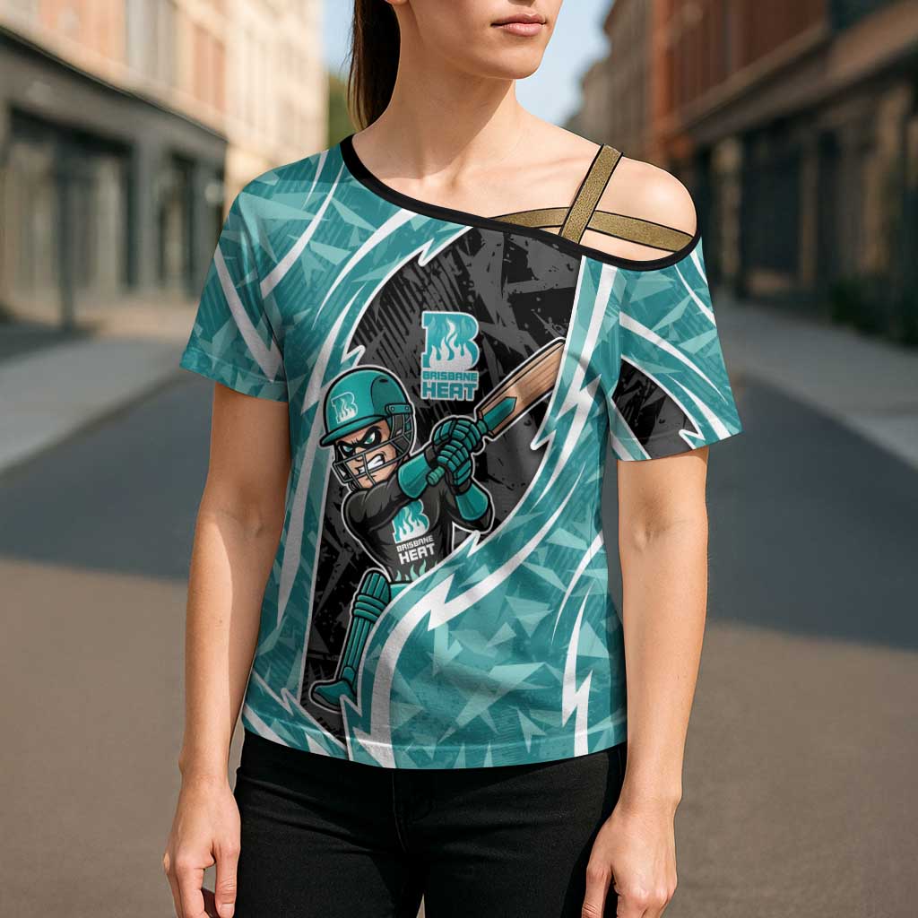 Brisbane Heat Cross Shoulder Shirt Flaming Lightning Storm Geometric Sports Mascot Art