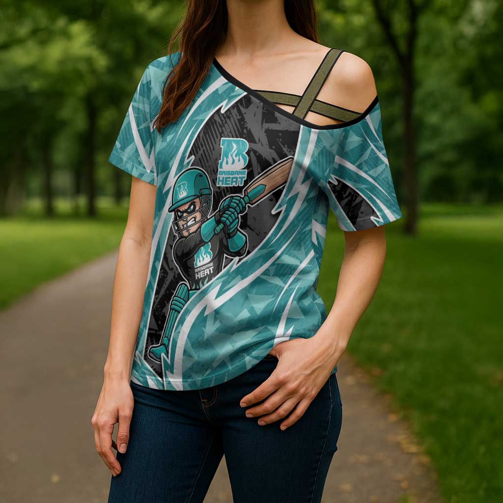 Brisbane Heat Cross Shoulder Shirt Flaming Lightning Storm Geometric Sports Mascot Art