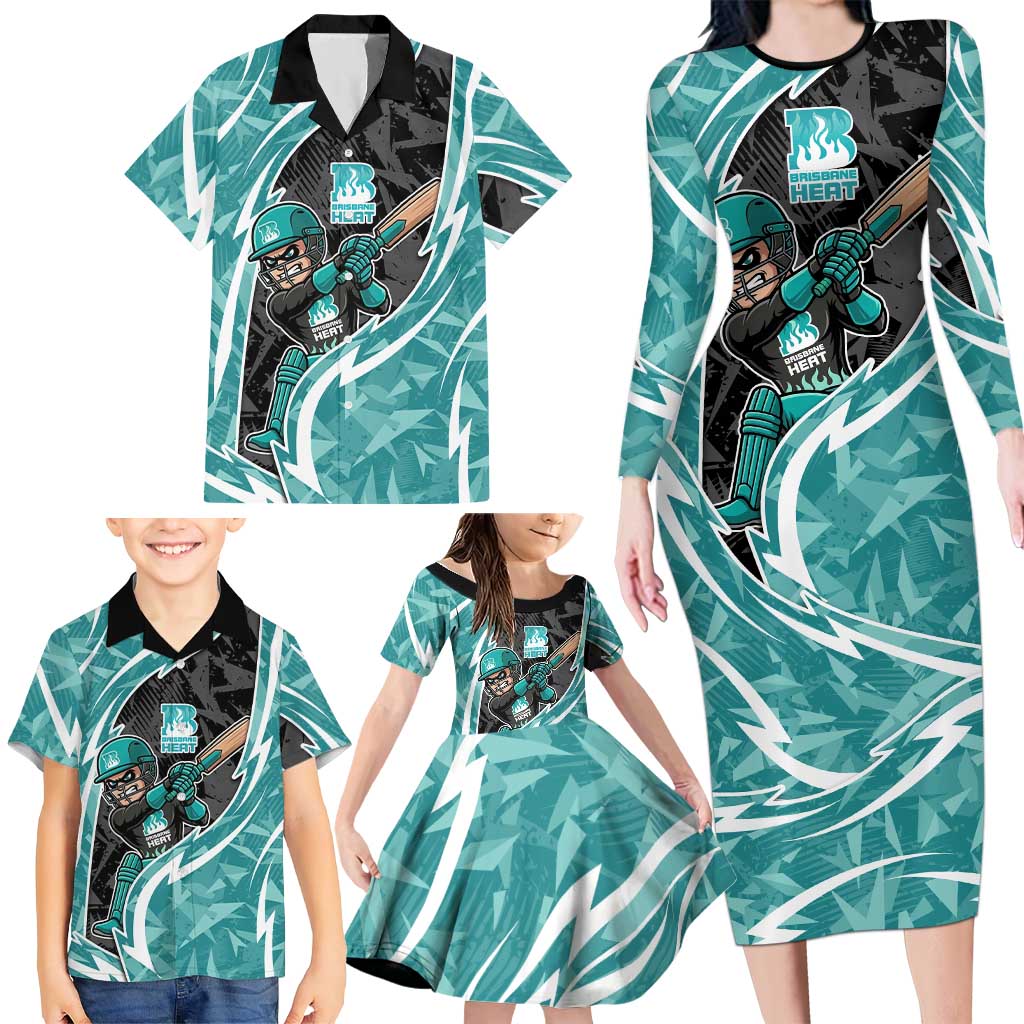 Brisbane Heat Family Matching Long Sleeve Bodycon Dress and Hawaiian Shirt Flaming Lightning Storm Geometric Sports Mascot Art