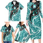 Brisbane Heat Family Matching Long Sleeve Bodycon Dress and Hawaiian Shirt Flaming Lightning Storm Geometric Sports Mascot Art