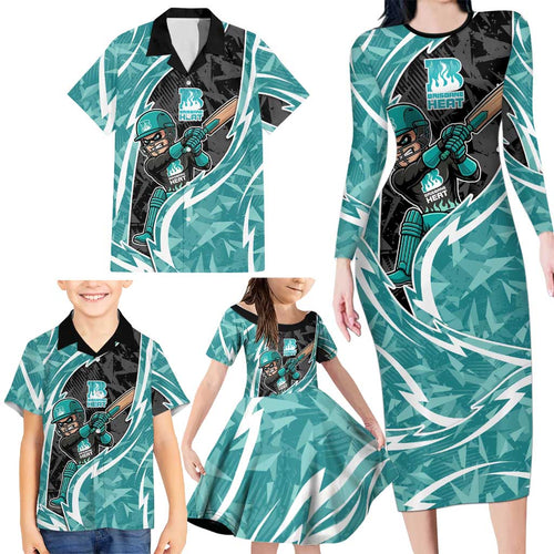 Brisbane Heat Family Matching Long Sleeve Bodycon Dress and Hawaiian Shirt Flaming Lightning Storm Geometric Sports Mascot Art