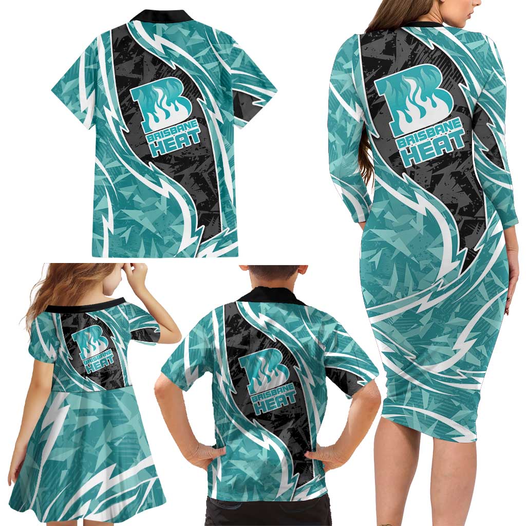 Brisbane Heat Family Matching Long Sleeve Bodycon Dress and Hawaiian Shirt Flaming Lightning Storm Geometric Sports Mascot Art
