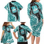 Brisbane Heat Family Matching Long Sleeve Bodycon Dress and Hawaiian Shirt Flaming Lightning Storm Geometric Sports Mascot Art