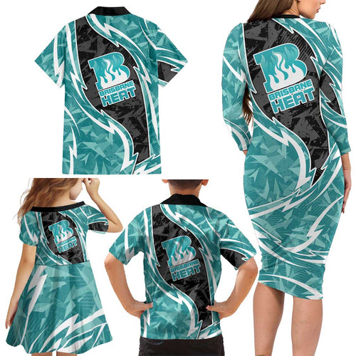 Brisbane Heat Family Matching Long Sleeve Bodycon Dress and Hawaiian Shirt Flaming Lightning Storm Geometric Sports Mascot Art