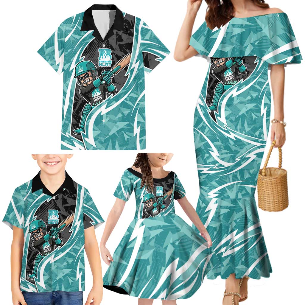 Brisbane Heat Family Matching Mermaid Dress and Hawaiian Shirt Flaming Lightning Storm Geometric Sports Mascot Art