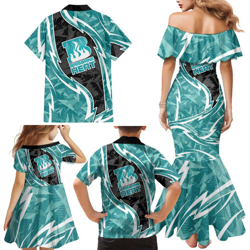 Brisbane Heat Family Matching Mermaid Dress and Hawaiian Shirt Flaming Lightning Storm Geometric Sports Mascot Art