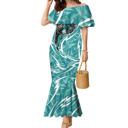 Brisbane Heat Family Matching Mermaid Dress and Hawaiian Shirt Flaming Lightning Storm Geometric Sports Mascot Art