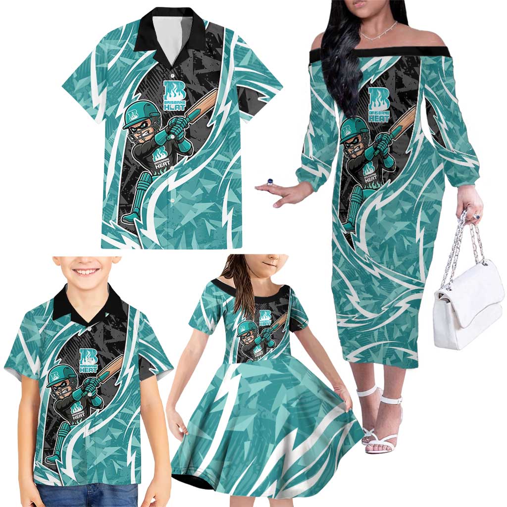 Brisbane Heat Family Matching Off The Shoulder Long Sleeve Dress and Hawaiian Shirt Flaming Lightning Storm Geometric Sports Mascot Art