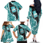 Brisbane Heat Family Matching Off The Shoulder Long Sleeve Dress and Hawaiian Shirt Flaming Lightning Storm Geometric Sports Mascot Art