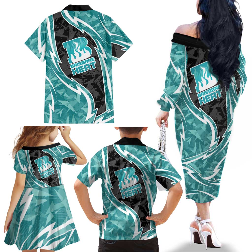 Brisbane Heat Family Matching Off The Shoulder Long Sleeve Dress and Hawaiian Shirt Flaming Lightning Storm Geometric Sports Mascot Art