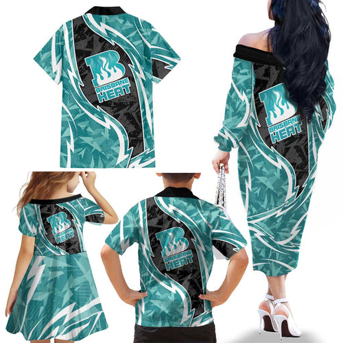 Brisbane Heat Family Matching Off The Shoulder Long Sleeve Dress and Hawaiian Shirt Flaming Lightning Storm Geometric Sports Mascot Art
