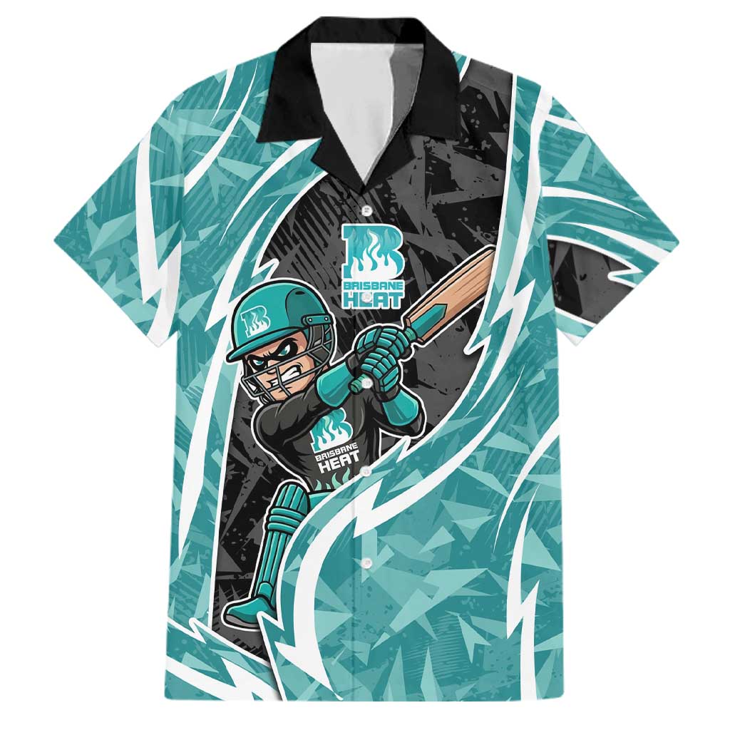 Brisbane Heat Family Matching Off The Shoulder Long Sleeve Dress and Hawaiian Shirt Flaming Lightning Storm Geometric Sports Mascot Art