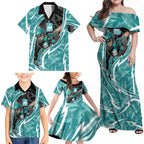 Brisbane Heat Family Matching Off Shoulder Maxi Dress and Hawaiian Shirt Flaming Lightning Storm Geometric Sports Mascot Art