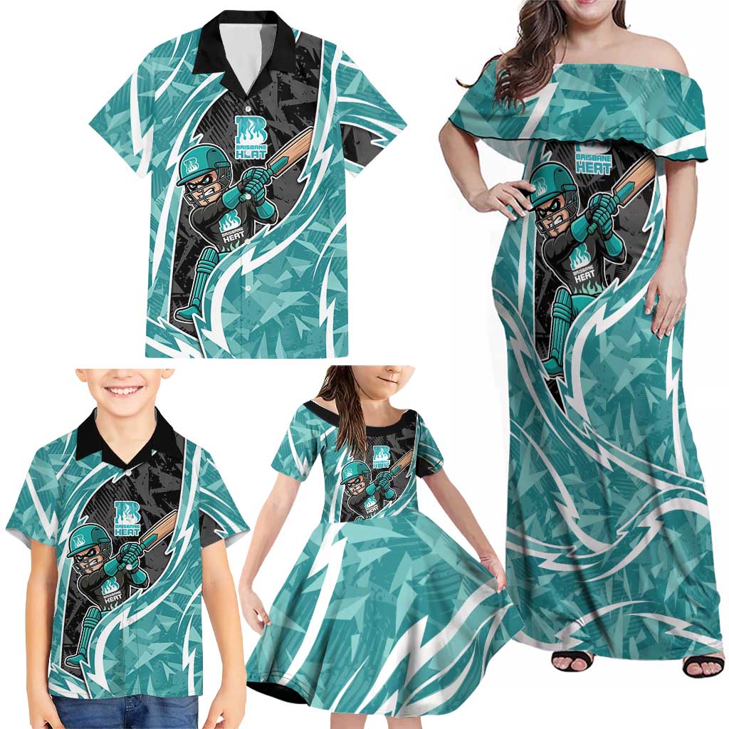 Brisbane Heat Family Matching Off Shoulder Maxi Dress and Hawaiian Shirt Flaming Lightning Storm Geometric Sports Mascot Art