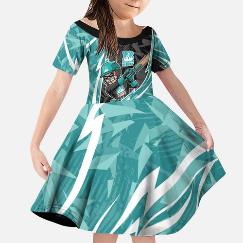 Brisbane Heat Family Matching Off Shoulder Maxi Dress and Hawaiian Shirt Flaming Lightning Storm Geometric Sports Mascot Art
