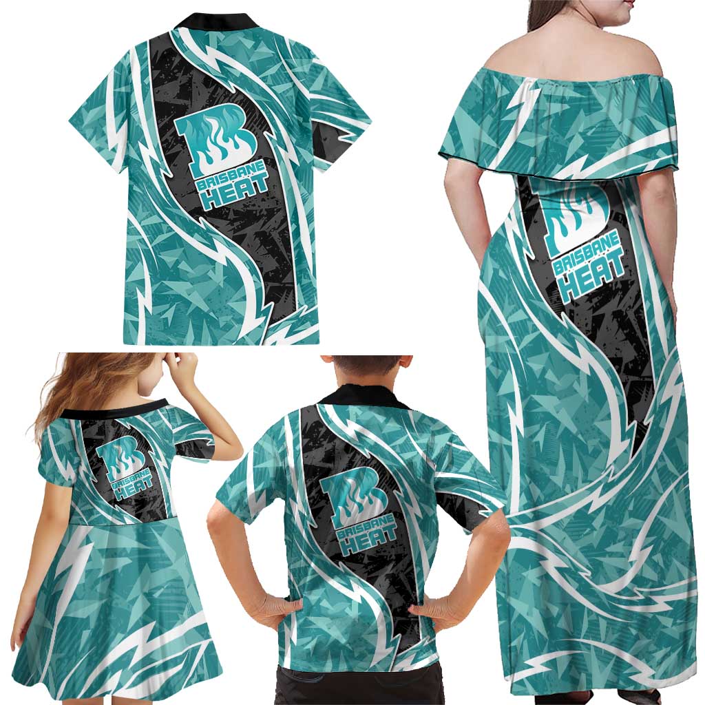 Brisbane Heat Family Matching Off Shoulder Maxi Dress and Hawaiian Shirt Flaming Lightning Storm Geometric Sports Mascot Art