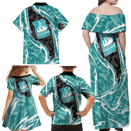 Brisbane Heat Family Matching Off Shoulder Maxi Dress and Hawaiian Shirt Flaming Lightning Storm Geometric Sports Mascot Art