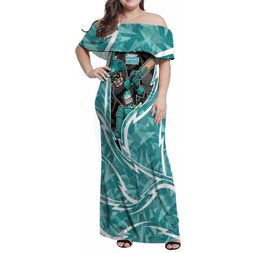 Brisbane Heat Family Matching Off Shoulder Maxi Dress and Hawaiian Shirt Flaming Lightning Storm Geometric Sports Mascot Art