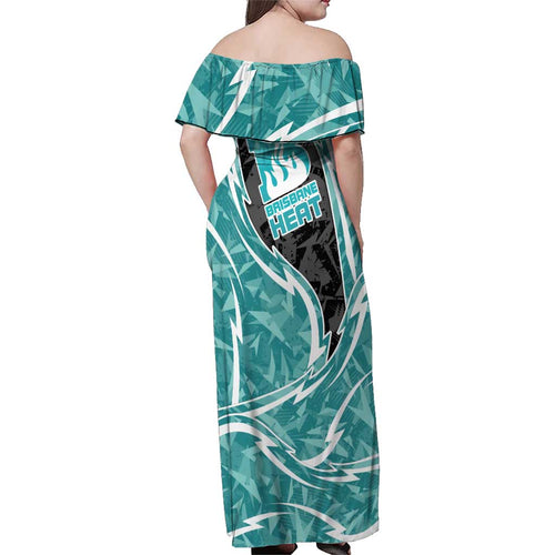Brisbane Heat Family Matching Off Shoulder Maxi Dress and Hawaiian Shirt Flaming Lightning Storm Geometric Sports Mascot Art