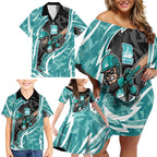 Brisbane Heat Family Matching Off Shoulder Short Dress and Hawaiian Shirt Flaming Lightning Storm Geometric Sports Mascot Art