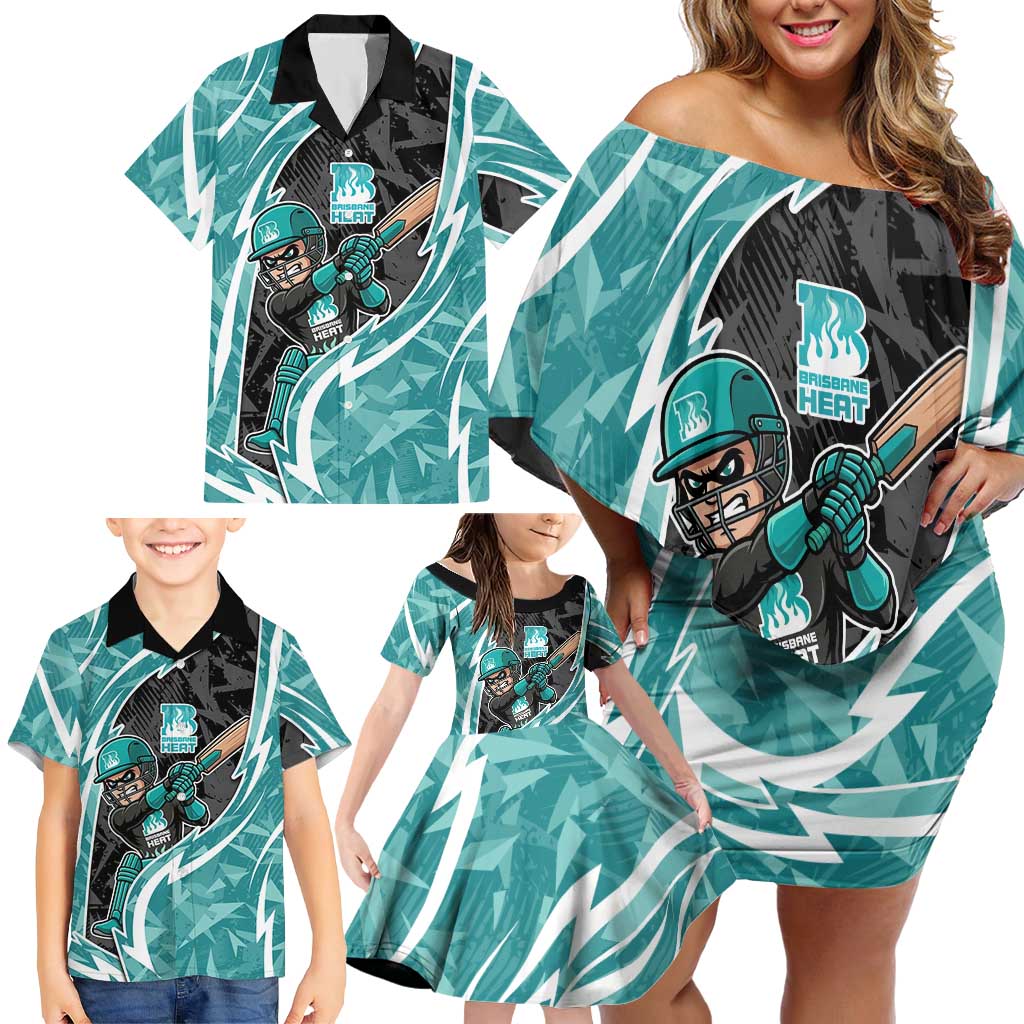 Brisbane Heat Family Matching Off Shoulder Short Dress and Hawaiian Shirt Flaming Lightning Storm Geometric Sports Mascot Art