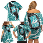 Brisbane Heat Family Matching Off Shoulder Short Dress and Hawaiian Shirt Flaming Lightning Storm Geometric Sports Mascot Art