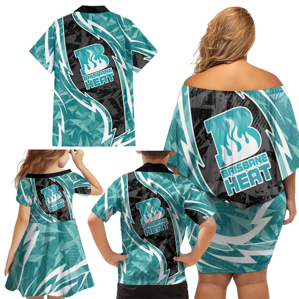 Brisbane Heat Family Matching Off Shoulder Short Dress and Hawaiian Shirt Flaming Lightning Storm Geometric Sports Mascot Art