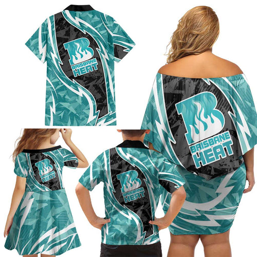 Brisbane Heat Family Matching Off Shoulder Short Dress and Hawaiian Shirt Flaming Lightning Storm Geometric Sports Mascot Art