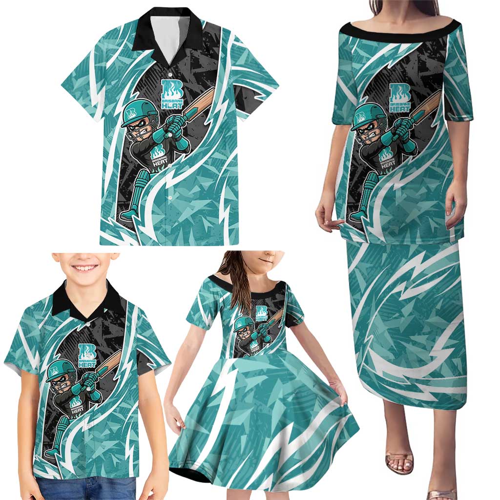 Brisbane Heat Family Matching Puletasi and Hawaiian Shirt Flaming Lightning Storm Geometric Sports Mascot Art